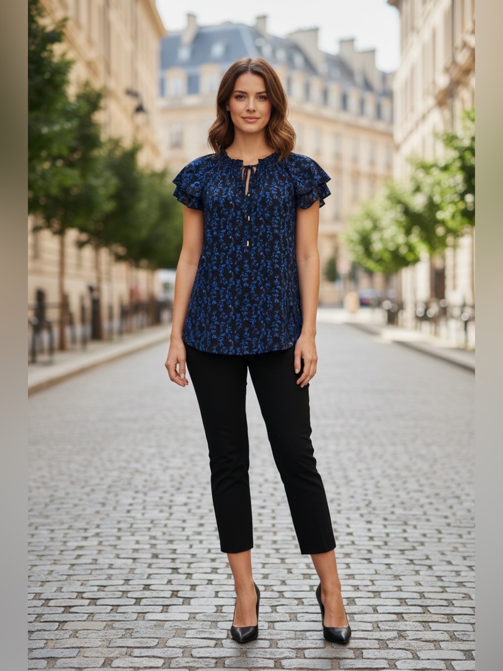 Lily Morgan, Navy Blue Leaf Print Ruffle Sleeve Stretch Blouse Tie Neck, Large